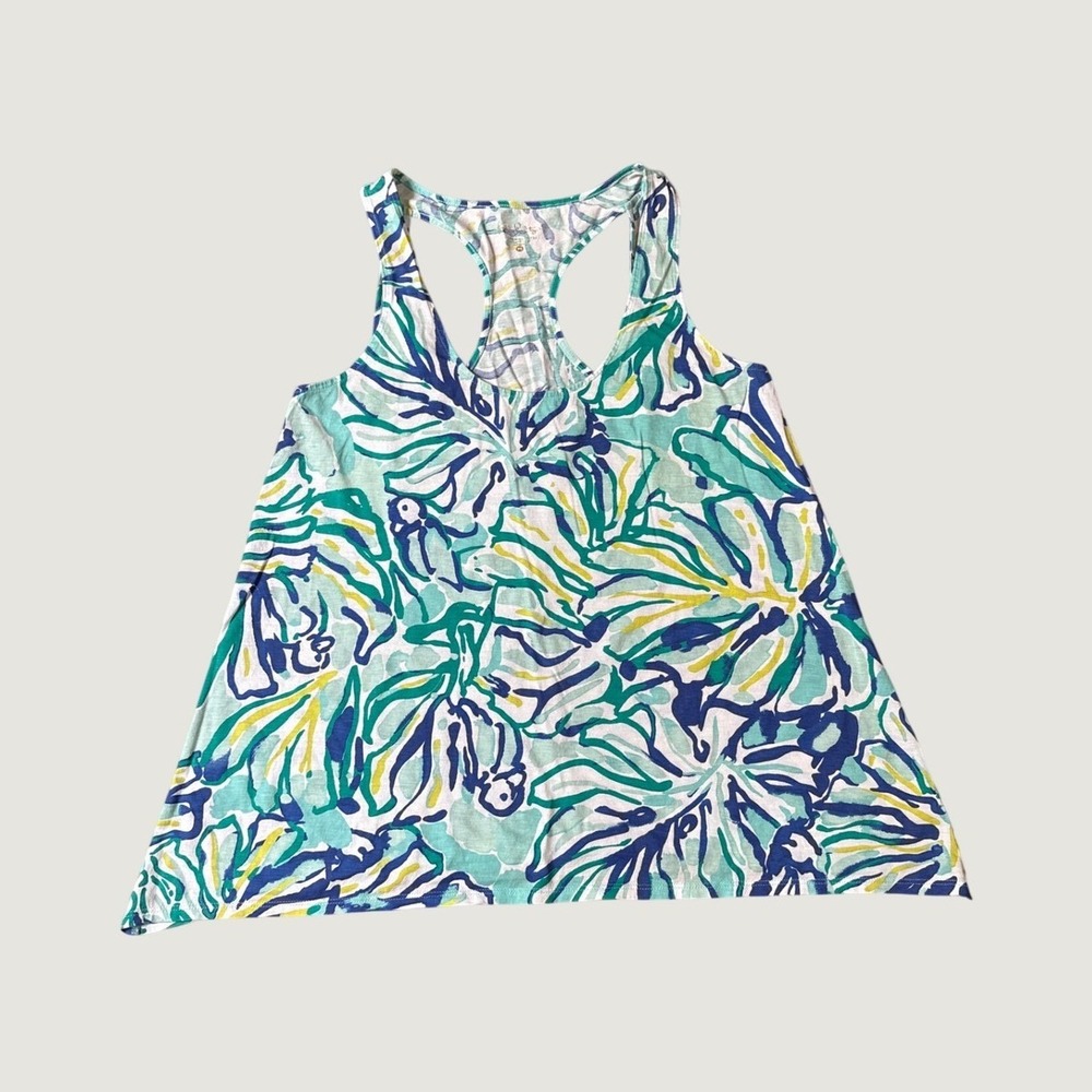 Lilly Pulitzer Tank Top Women Blue Green Tropical Racerback Cotton SIZE M